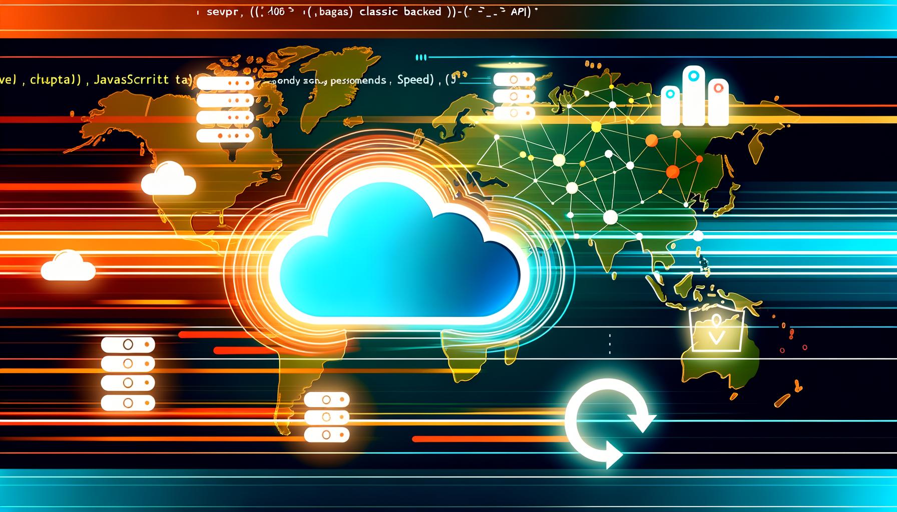 Abstraktes Netzwerk mit Cloudflare-Logo, verbundenen Datenströmen, Code-Snippets und Icons für API, Sicherheit, Geschwindigkeit und Personalisierung vor einer Weltkarte in leuchtenden Farben.