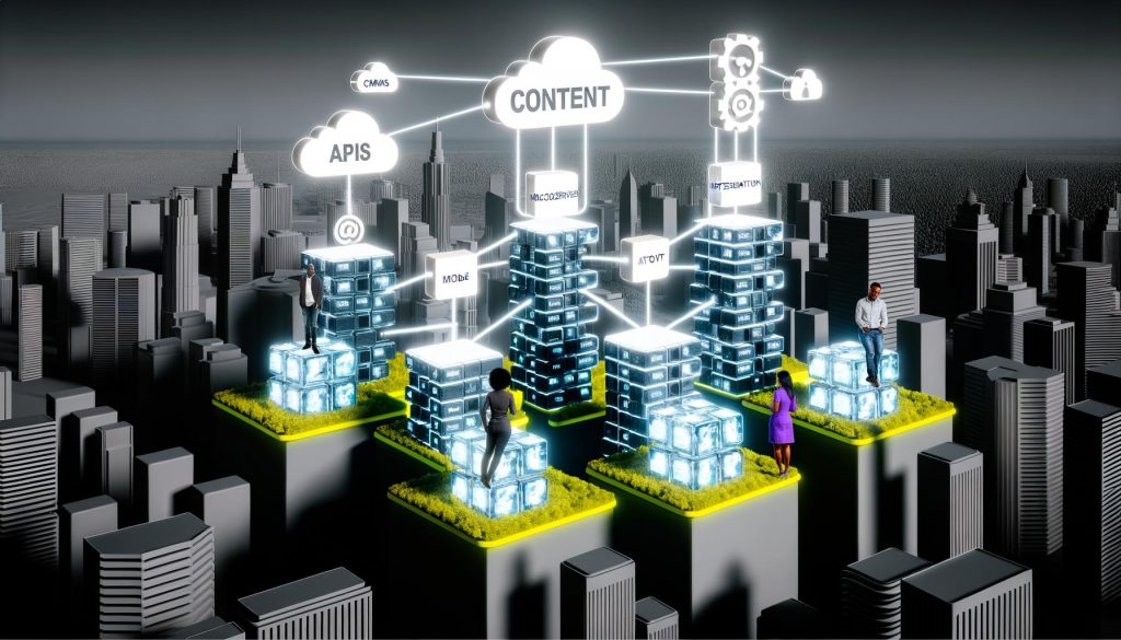 Futuristische Illustration einer digitalen Stadt mit modularen Blöcken für Content, APIs, Microservices und Integration Layer, die durch Datenströme verbunden sind; Monolithische CMS-Gebäude zerfallen im Hintergrund, während moderne, leuchtende Strukturen von Teams belebt werden.