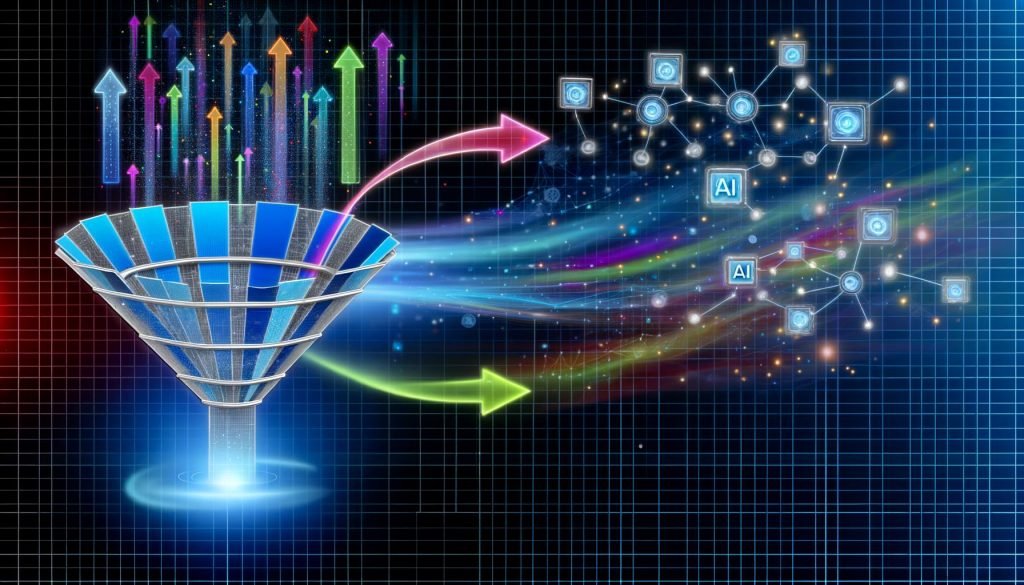 Illustration eines digitalen Marketing-Funnels mit transparenten Ebenen, bunten Datenströmen und KI-Interface vor abstraktem, leuchtendem Hintergrund