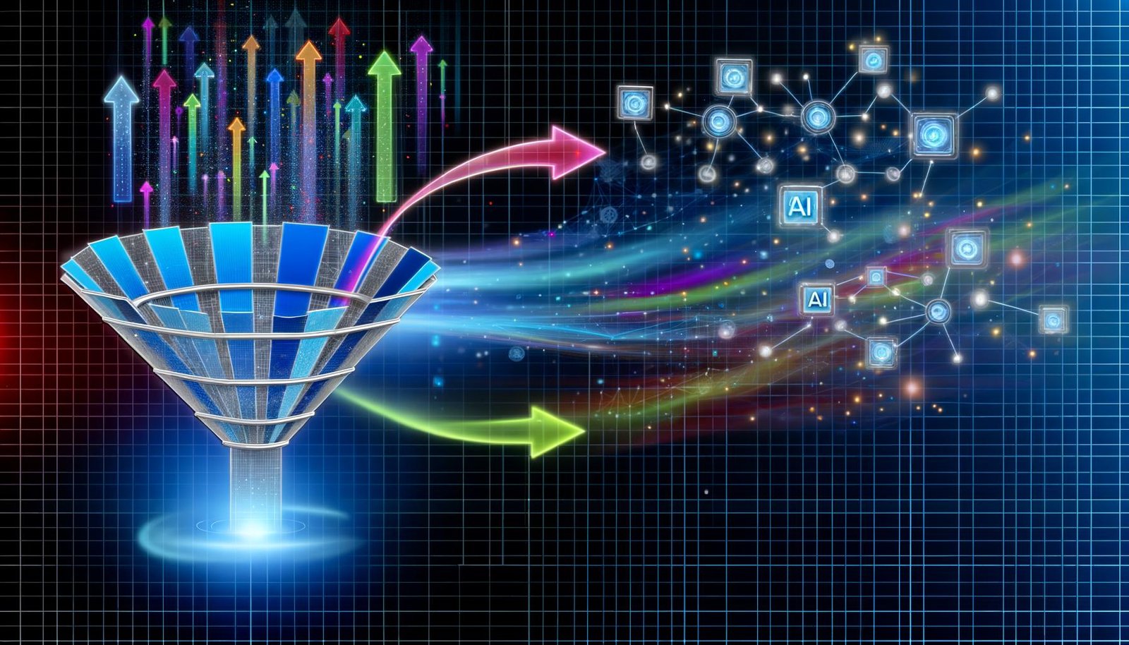 Illustration eines digitalen Marketing-Funnels mit transparenten Ebenen, bunten Datenströmen und KI-Interface vor abstraktem, leuchtendem Hintergrund