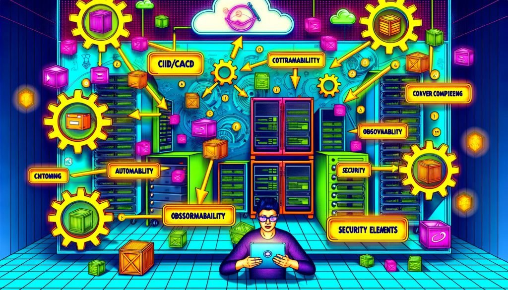 Bunte, kantige Magazin-Illustration eines modernen Tech-Labors mit Engenieur, der über ein Tablet einen Tools-Workflow zwischen Docker, Kubernetes und Istio steuert. Umgeben von Server-Racks, Zahnrädern und Neon-Buzzwords wie 'Automation', im Hintergrund eine Mischung aus Cloud-Wolken und Architektur-Plänen.