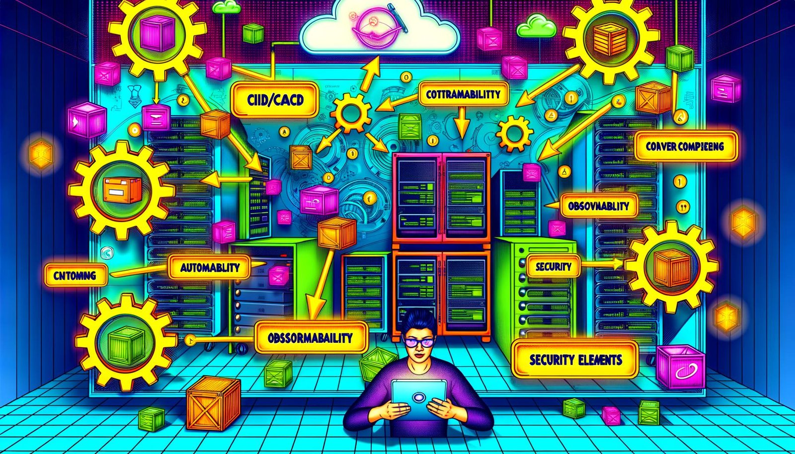 Bunte, kantige Magazin-Illustration eines modernen Tech-Labors mit Engenieur, der über ein Tablet einen Tools-Workflow zwischen Docker, Kubernetes und Istio steuert. Umgeben von Server-Racks, Zahnrädern und Neon-Buzzwords wie 'Automation', im Hintergrund eine Mischung aus Cloud-Wolken und Architektur-Plänen.