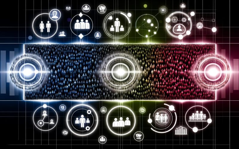Moderne Illustration zur Marktsegmentierung zeigt Gruppen von Menschen, farblich und grafisch abgegrenzt durch Linien und Symbole, mit digitalen Analyse-Elementen im Hintergrund.
