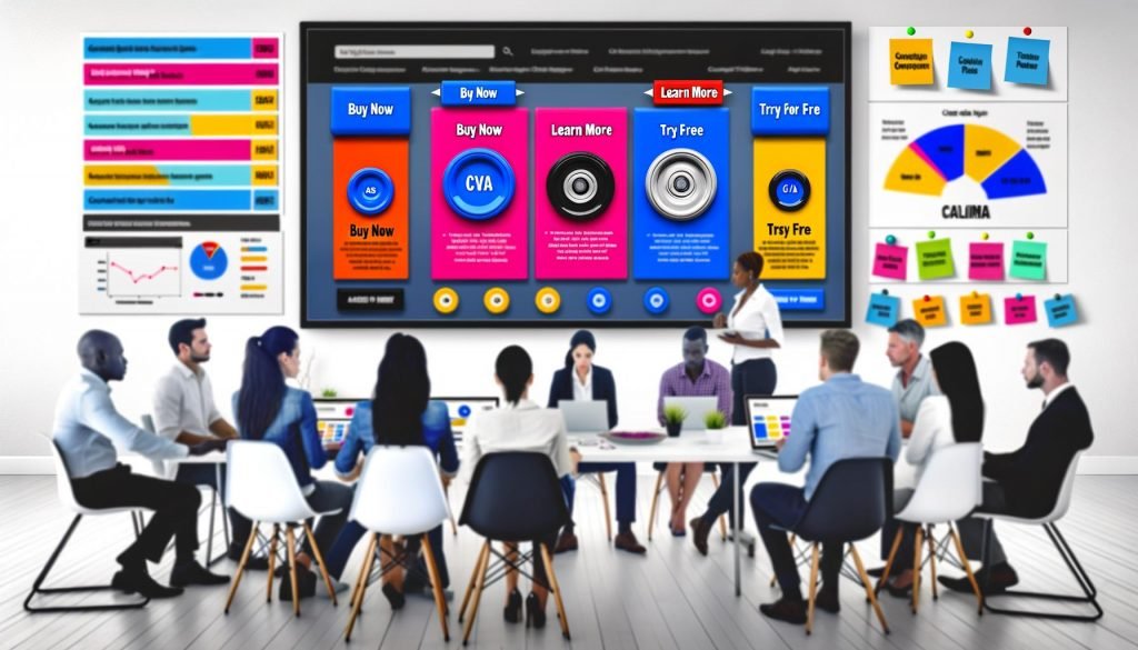 Marketing-Team diskutiert im modernen Büro die Optimierung von Landingpages mit verschiedenen farbintensiven CTA-Buttons und analysiert dabei Conversion-Daten auf einem Laptop.