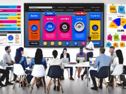 Marketing-Team diskutiert im modernen Büro die Optimierung von Landingpages mit verschiedenen farbintensiven CTA-Buttons und analysiert dabei Conversion-Daten auf einem Laptop.