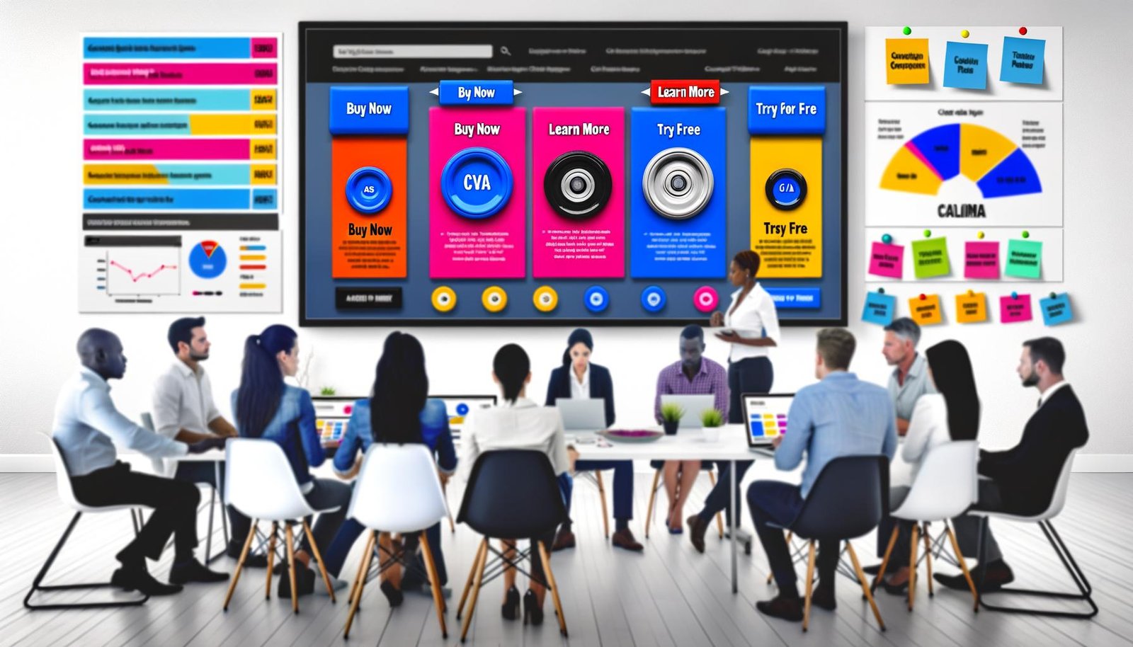 Marketing-Team diskutiert im modernen Büro die Optimierung von Landingpages mit verschiedenen farbintensiven CTA-Buttons und analysiert dabei Conversion-Daten auf einem Laptop.