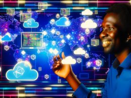 Dynamischer Entwickler an einem Dashboard mit digitaler Weltkarte, verbundenen Netzwerkknoten, Cloud-Icons und Code-Snippets für moderne Edge- und Serverless-Computing.