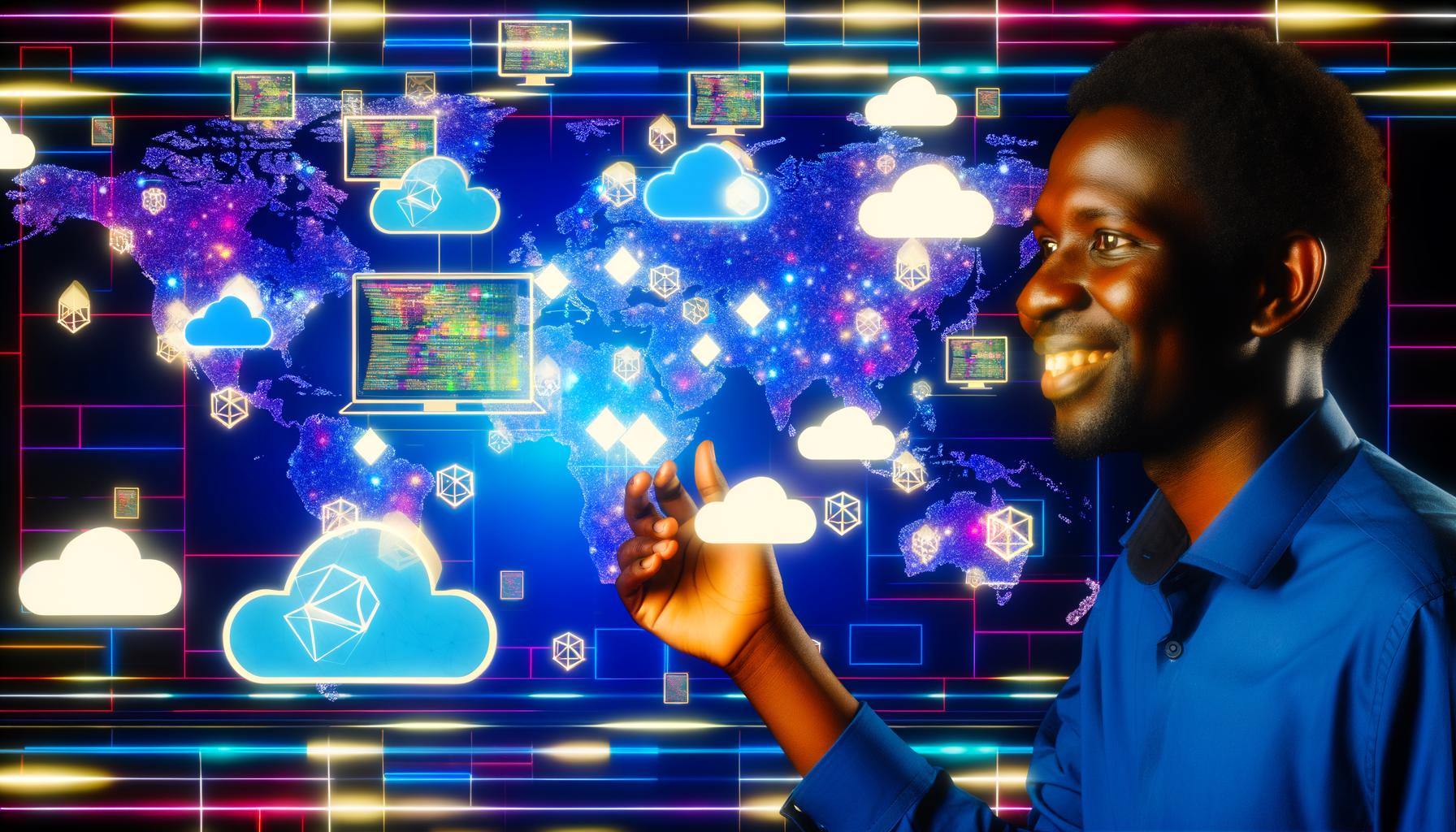 Dynamischer Entwickler an einem Dashboard mit digitaler Weltkarte, verbundenen Netzwerkknoten, Cloud-Icons und Code-Snippets für moderne Edge- und Serverless-Computing.