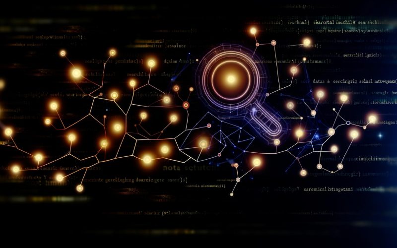 Moderne digitale Wirbelsäule mit leuchtenden Knoten, die sich wie ein neuronales Netzwerk über einen dunklen Hintergrund erstreckt, umgeben von Icons für Suche, Inhalt und KI sowie Daten-Overlays.