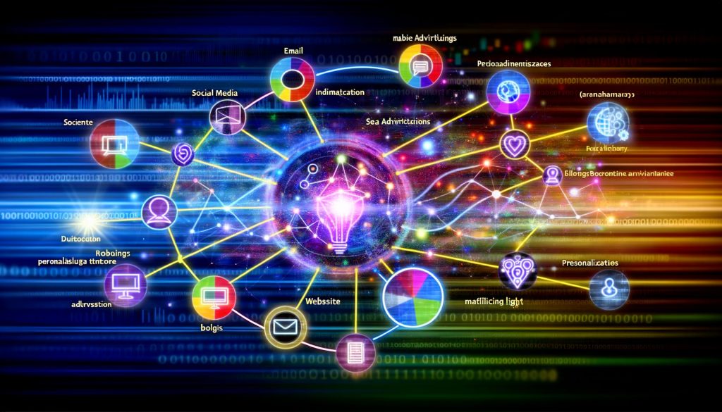 Vernetzte Marketing-Kanäle mit künstlicher Intelligenz, Datenströmen und modernen Analyse-Elementen in einer dynamischen, farbenfrohen Szene.