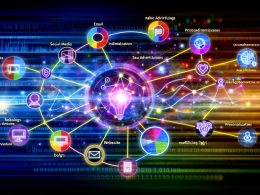 Vernetzte Marketing-Kanäle mit künstlicher Intelligenz, Datenströmen und modernen Analyse-Elementen in einer dynamischen, farbenfrohen Szene.