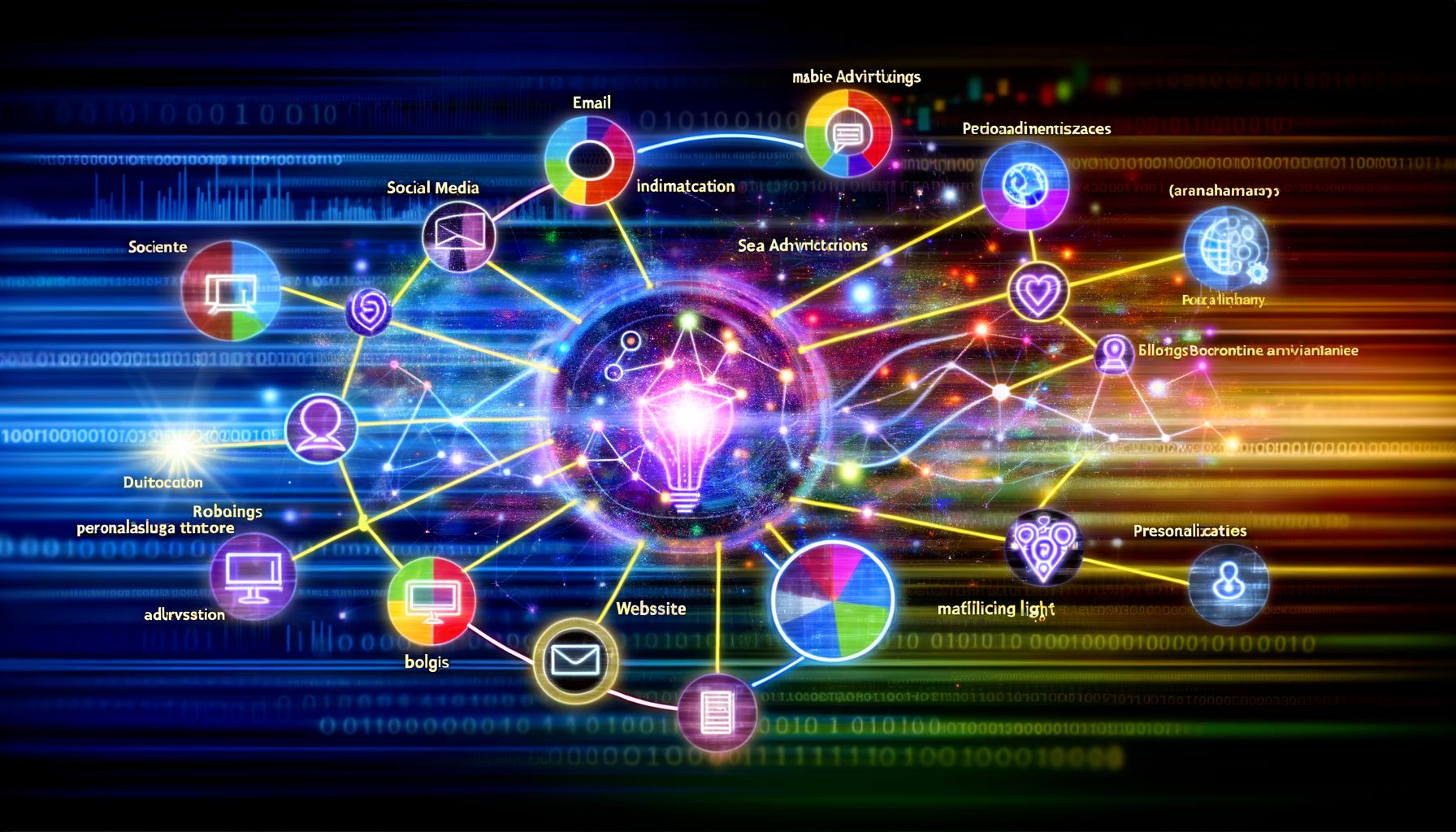 Vernetzte Marketing-Kanäle mit künstlicher Intelligenz, Datenströmen und modernen Analyse-Elementen in einer dynamischen, farbenfrohen Szene.