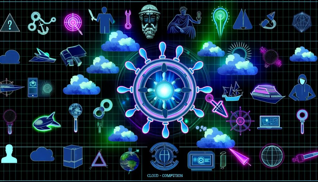 Collage aus Cloud Native Logos (Kubernetes, Helm, Prometheus, Grafana, ArgoCD, Terraform, Istio, Vault, OpenTelemetry, GitLab) vernetzt durch leuchtende Linien auf dunklem, abstraktem Hintergrund mit Cloud-Elementen.