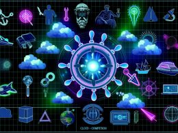 Collage aus Cloud Native Logos (Kubernetes, Helm, Prometheus, Grafana, ArgoCD, Terraform, Istio, Vault, OpenTelemetry, GitLab) vernetzt durch leuchtende Linien auf dunklem, abstraktem Hintergrund mit Cloud-Elementen.