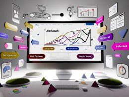 Heller Monitor mit geöffneter deutscher Landingpage, mehreren bunten CTA-Buttons, Traffic-Charts und Nutzer-Avataren in einem modernen, digitalen Workspace.