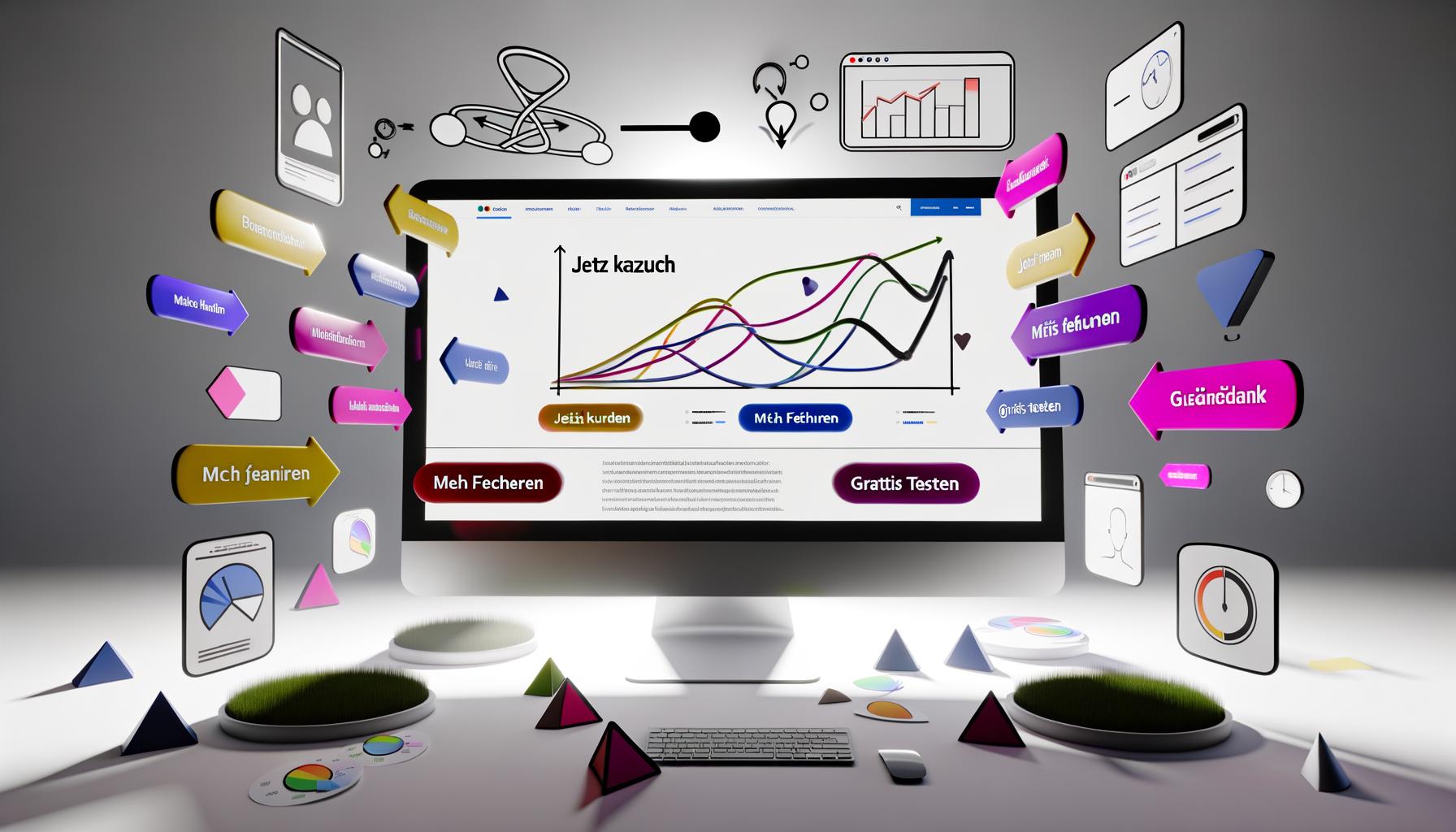 Heller Monitor mit geöffneter deutscher Landingpage, mehreren bunten CTA-Buttons, Traffic-Charts und Nutzer-Avataren in einem modernen, digitalen Workspace.