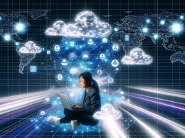 Futuristische Illustration eines Entwicklers an einem Laptop mit digitalen Streams, Netzwerkknoten, Cloud-Icons und lebendiger Tech-Atmosphäre.