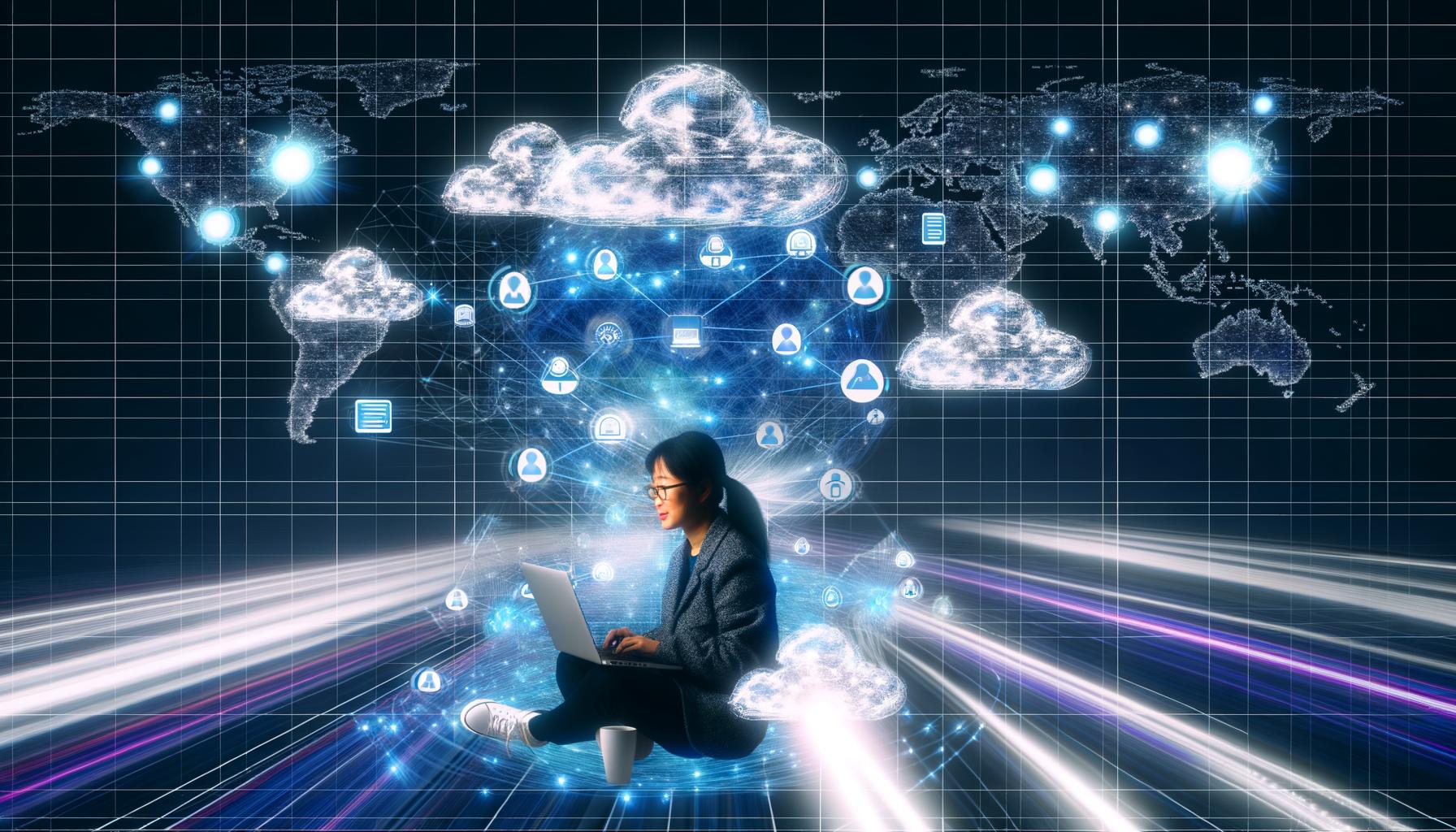 Futuristische Illustration eines Entwicklers an einem Laptop mit digitalen Streams, Netzwerkknoten, Cloud-Icons und lebendiger Tech-Atmosphäre.