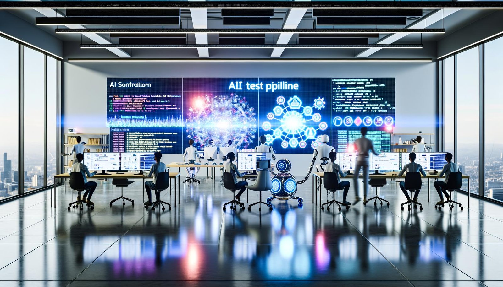 Futuristischer Entwicklerarbeitsplatz mit Team, das vor digitalen Dashboards an einer leuchtenden KI-Test-Pipeline arbeitet, unterstützt von Robotern und Hologrammen.