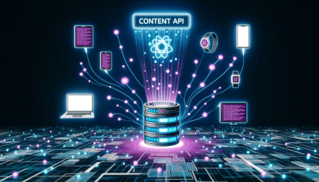 Illustration eines großen Servers, der leuchtende Content-Datenströme an verschiedene digitale Endgeräte abstrahlt. Geräte sind durch Netzwerkeffekte verbunden, alles in minimalistisch-futuristischem Stil.