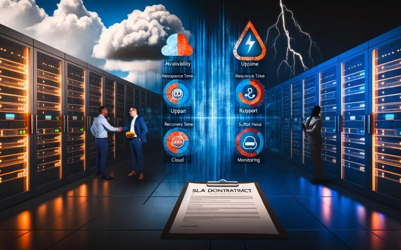 Grafikvielfalt rund um SLAs: moderner Serverraum, SLA-Dokumente mit KPIs, IT-Verhandlung am Tisch, Infografiken zu Verfügbarkeit und Support, Warnhinweise bei schwachen Verträgen sowie Best-Practices auf Whiteboard.