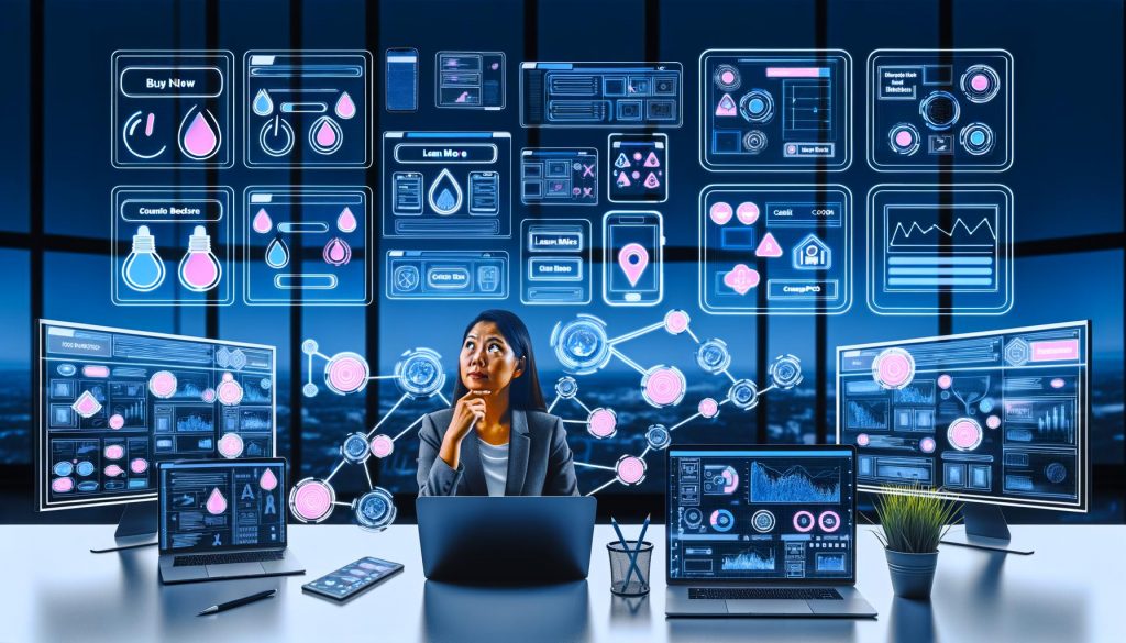 Ein moderner digitaler Arbeitsplatz mit mehreren Monitoren, auf denen komplexe Call-to-Action-Elemente, Analytics-Dashboards, User-Flows und psychologische Notizen dargestellt werden. In der Mitte ein fokussierter Marketer.