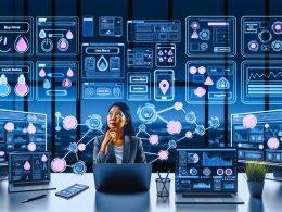 Ein moderner digitaler Arbeitsplatz mit mehreren Monitoren, auf denen komplexe Call-to-Action-Elemente, Analytics-Dashboards, User-Flows und psychologische Notizen dargestellt werden. In der Mitte ein fokussierter Marketer.