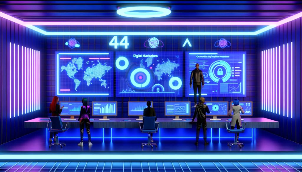Digital Marketer analysieren in einem futuristischen, neonblauen Kontrollraum Echtzeitdaten an einem zentralen Dashboard mit holografischen Grafiken und 404-Fehler-Motiven.