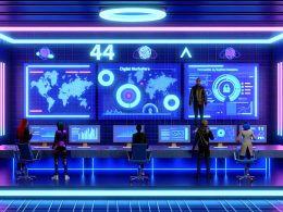 Digital Marketer analysieren in einem futuristischen, neonblauen Kontrollraum Echtzeitdaten an einem zentralen Dashboard mit holografischen Grafiken und 404-Fehler-Motiven.