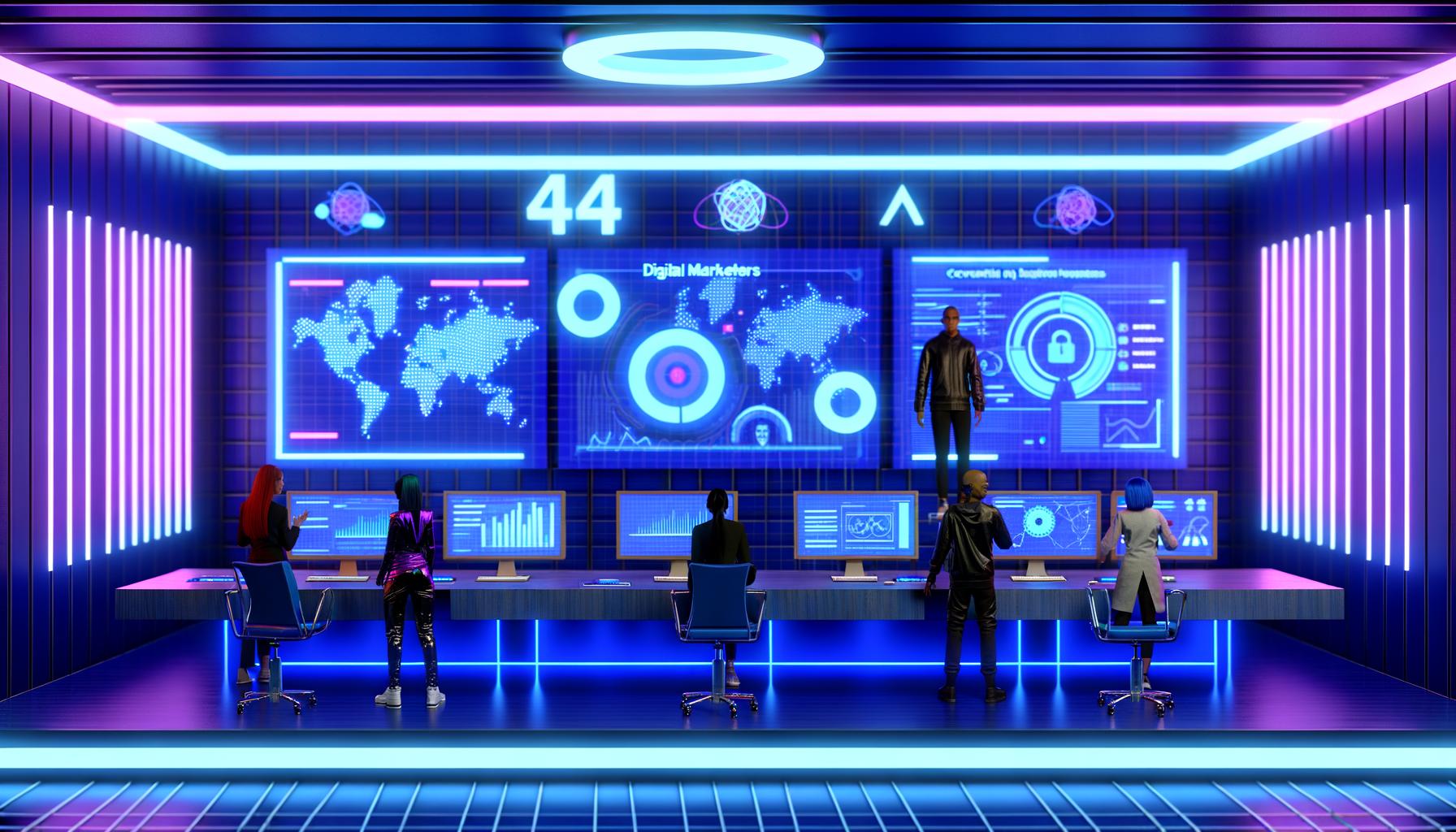 Digital Marketer analysieren in einem futuristischen, neonblauen Kontrollraum Echtzeitdaten an einem zentralen Dashboard mit holografischen Grafiken und 404-Fehler-Motiven.