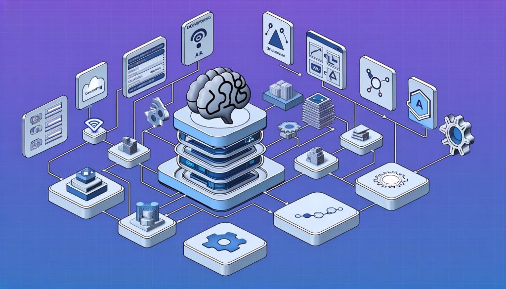 Schematische Illustration einer Content Automation Architektur mit Datenbanken, APIs, Data Lake, KI-Modulen, QA-Stationen und Ausspielkanälen, verbunden durch digitale Datenflüsse in Blau- und Violetttönen.
