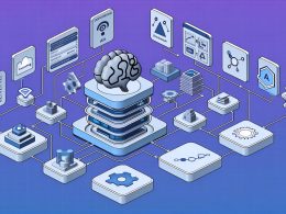 Schematische Illustration einer Content Automation Architektur mit Datenbanken, APIs, Data Lake, KI-Modulen, QA-Stationen und Ausspielkanälen, verbunden durch digitale Datenflüsse in Blau- und Violetttönen.