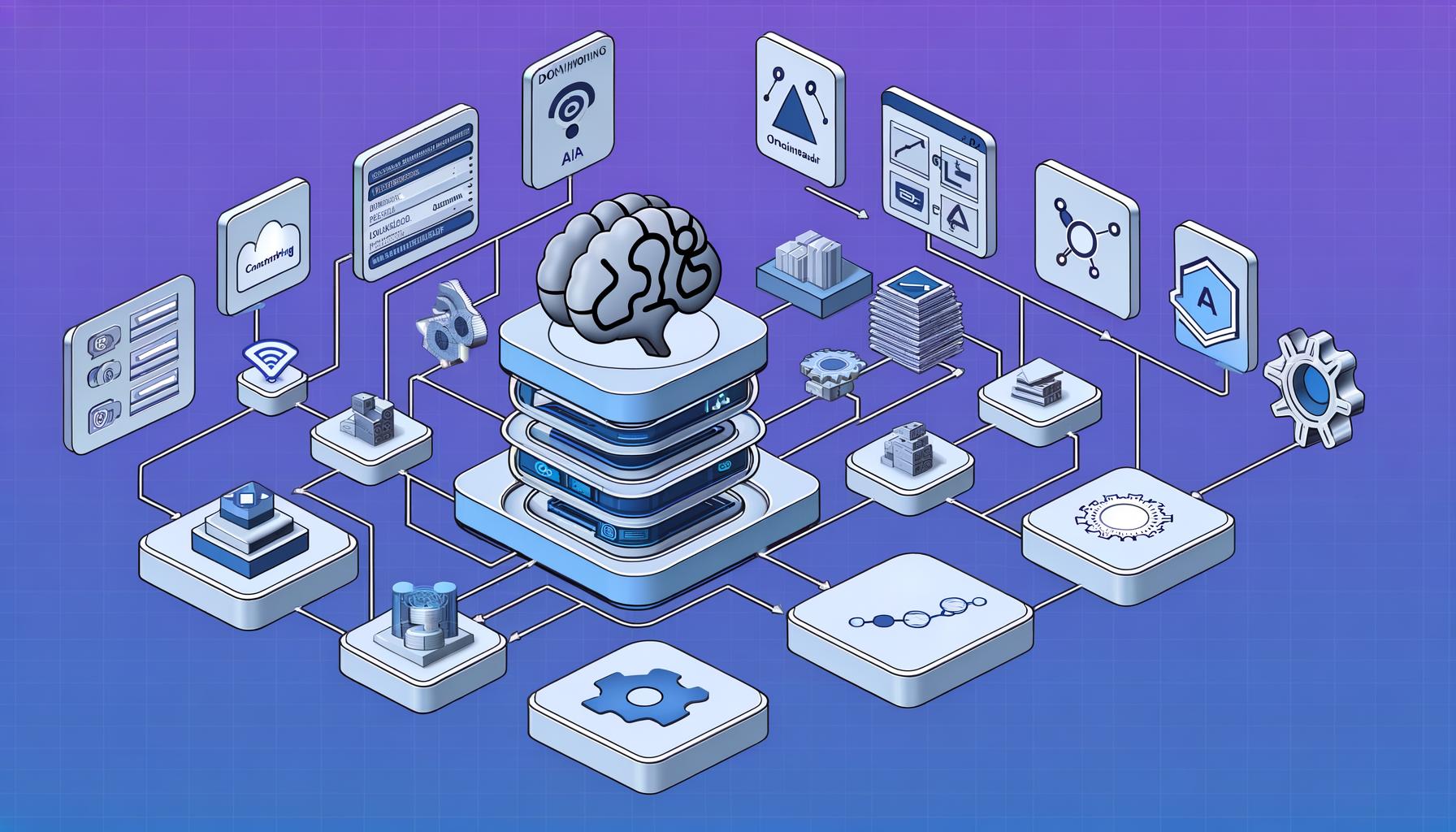 Schematische Illustration einer Content Automation Architektur mit Datenbanken, APIs, Data Lake, KI-Modulen, QA-Stationen und Ausspielkanälen, verbunden durch digitale Datenflüsse in Blau- und Violetttönen.