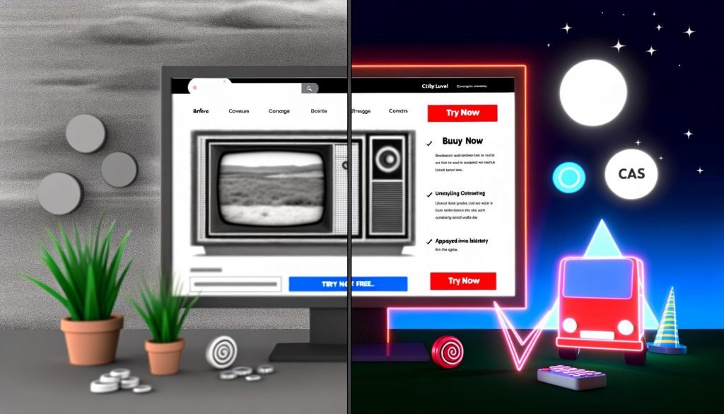 Vergleich einer alten, grauen Webseite mit unscheinbarem Button und einer modernen, dynamischen Website mit auffälligem, kontraststarkem CTA-Button sowie einer Conversion-Anzeige dazwischen.