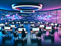 Offenes Marketing-Büro mit futuristischem Design, Mitarbeitern an Computern, großen Datenvisualisierungen, holografischen Keywords und KI-Netzwerken unter Neonlicht.