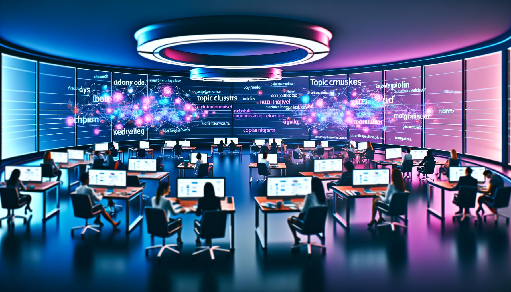 Offenes Marketing-Büro mit futuristischem Design, Mitarbeitern an Computern, großen Datenvisualisierungen, holografischen Keywords und KI-Netzwerken unter Neonlicht.