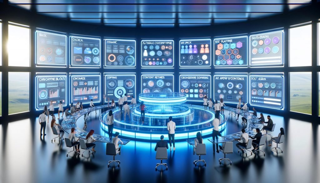 Futuristisches Büro mit Menschen verschiedenster Herkunft, die vor holografischen Dashboards, KI-Content-Engine, SEO-Charts und Digitalpanels arbeiten