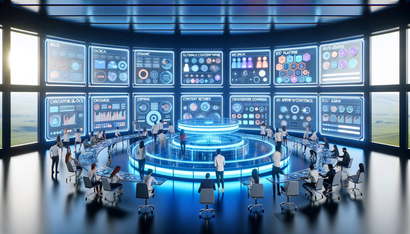 Futuristisches Büro mit Menschen verschiedenster Herkunft, die vor holografischen Dashboards, KI-Content-Engine, SEO-Charts und Digitalpanels arbeiten