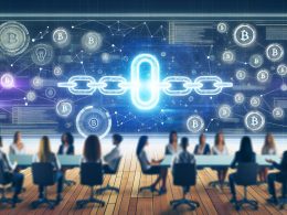 Futuristischer Büroraum mit Marketern, die holografische Dashboards und Blockchain-Visualisierungen betrachten, leuchtendes Kettenglied in der Mitte als Metapher für Blockchain, digitale Token und vernetzte Diagramme im Hintergrund.