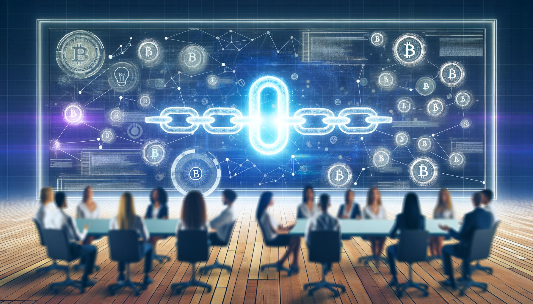 Futuristischer Büroraum mit Marketern, die holografische Dashboards und Blockchain-Visualisierungen betrachten, leuchtendes Kettenglied in der Mitte als Metapher für Blockchain, digitale Token und vernetzte Diagramme im Hintergrund.