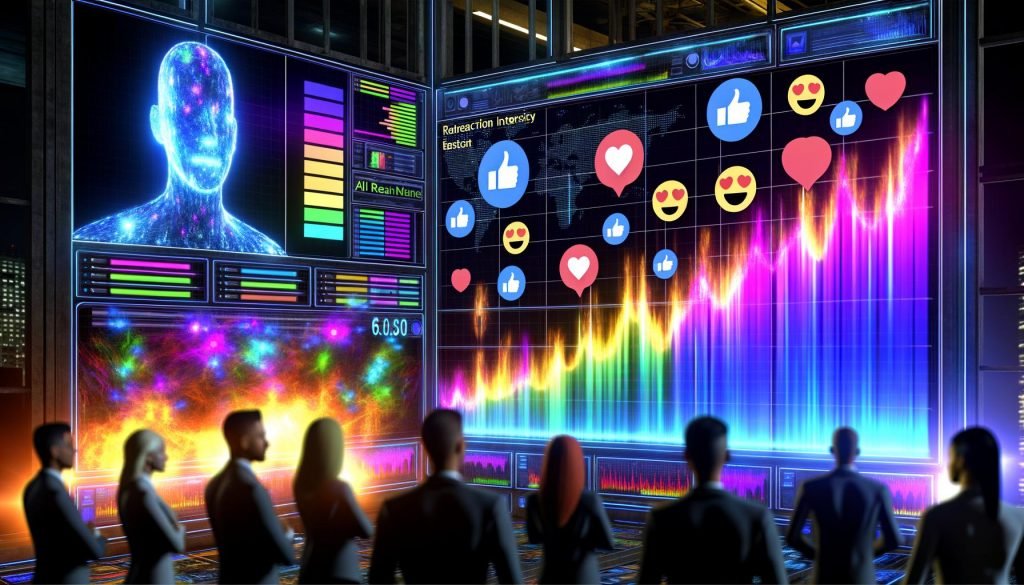 Marketing-Team in einem futuristischen, abgedunkelten Kontrollraum mit farbenfrohen Live-Datenströmen auf großen KI-Dashboards und einem Fokus auf ein AI-Dashboard zur Reaktionsintensität.