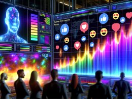 Marketing-Team in einem futuristischen, abgedunkelten Kontrollraum mit farbenfrohen Live-Datenströmen auf großen KI-Dashboards und einem Fokus auf ein AI-Dashboard zur Reaktionsintensität.