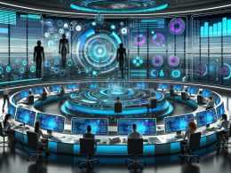 Modernes, futuristisches Büro mit Marketern an holografischen Dashboards, automatisierten Prozessen und fließenden Datenströmen im bläulichen Cyberpunk-Look; im Hintergrund traditionelle Arbeiter mit Papier und Excel.