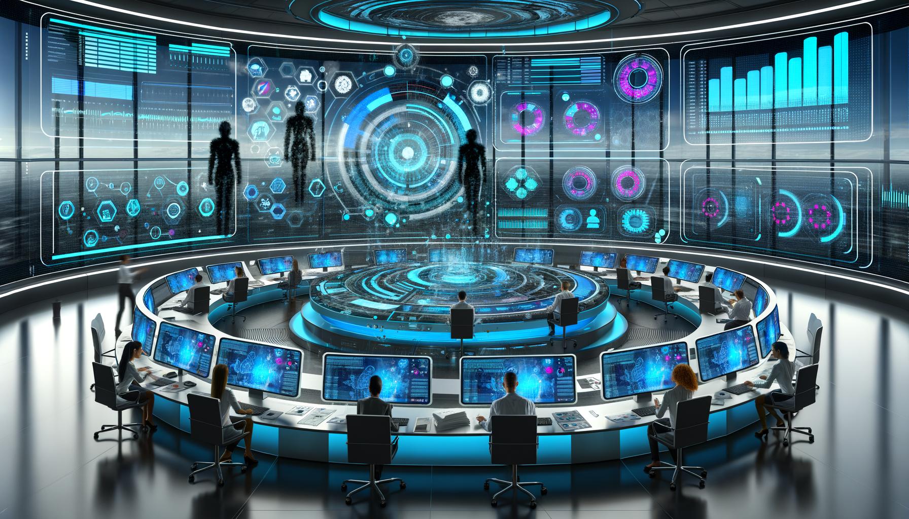 Modernes, futuristisches Büro mit Marketern an holografischen Dashboards, automatisierten Prozessen und fließenden Datenströmen im bläulichen Cyberpunk-Look; im Hintergrund traditionelle Arbeiter mit Papier und Excel.