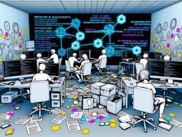 Entwickler arbeiten angespannt in einem modernen Tech-Workspace mit Blockchain-Diagrammen, Whiteboards, Laptops und Projektionen im Hintergrund.