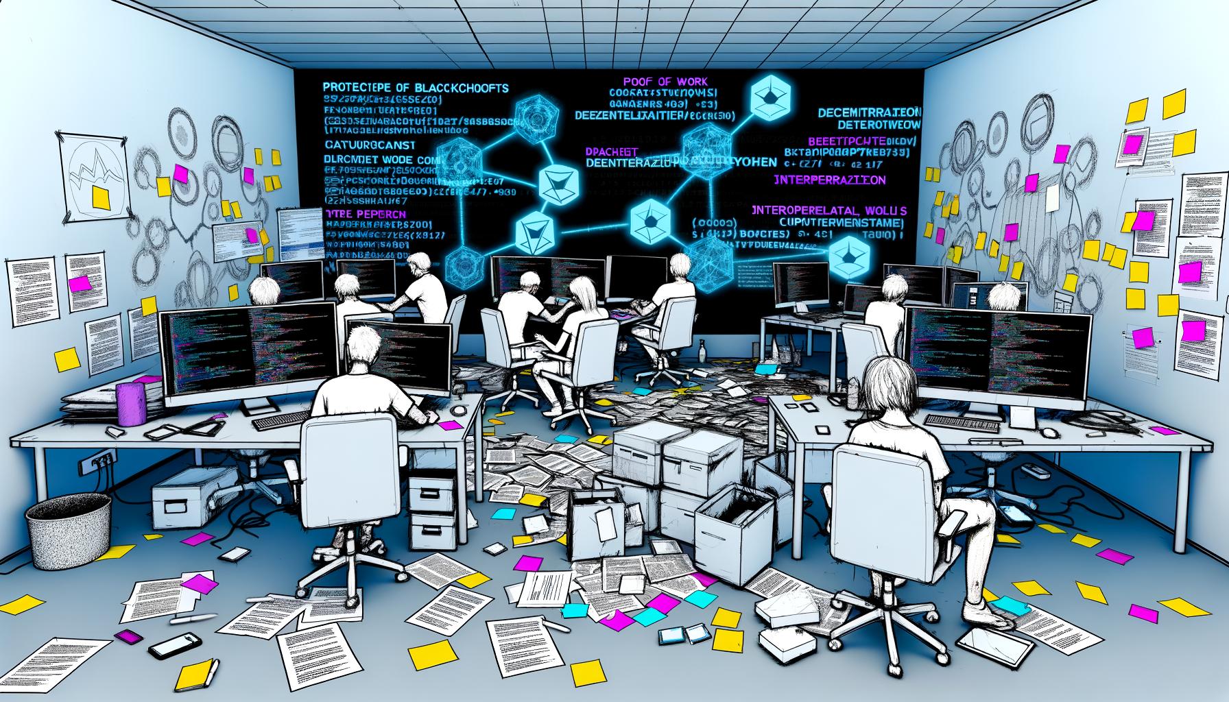 Entwickler arbeiten angespannt in einem modernen Tech-Workspace mit Blockchain-Diagrammen, Whiteboards, Laptops und Projektionen im Hintergrund.