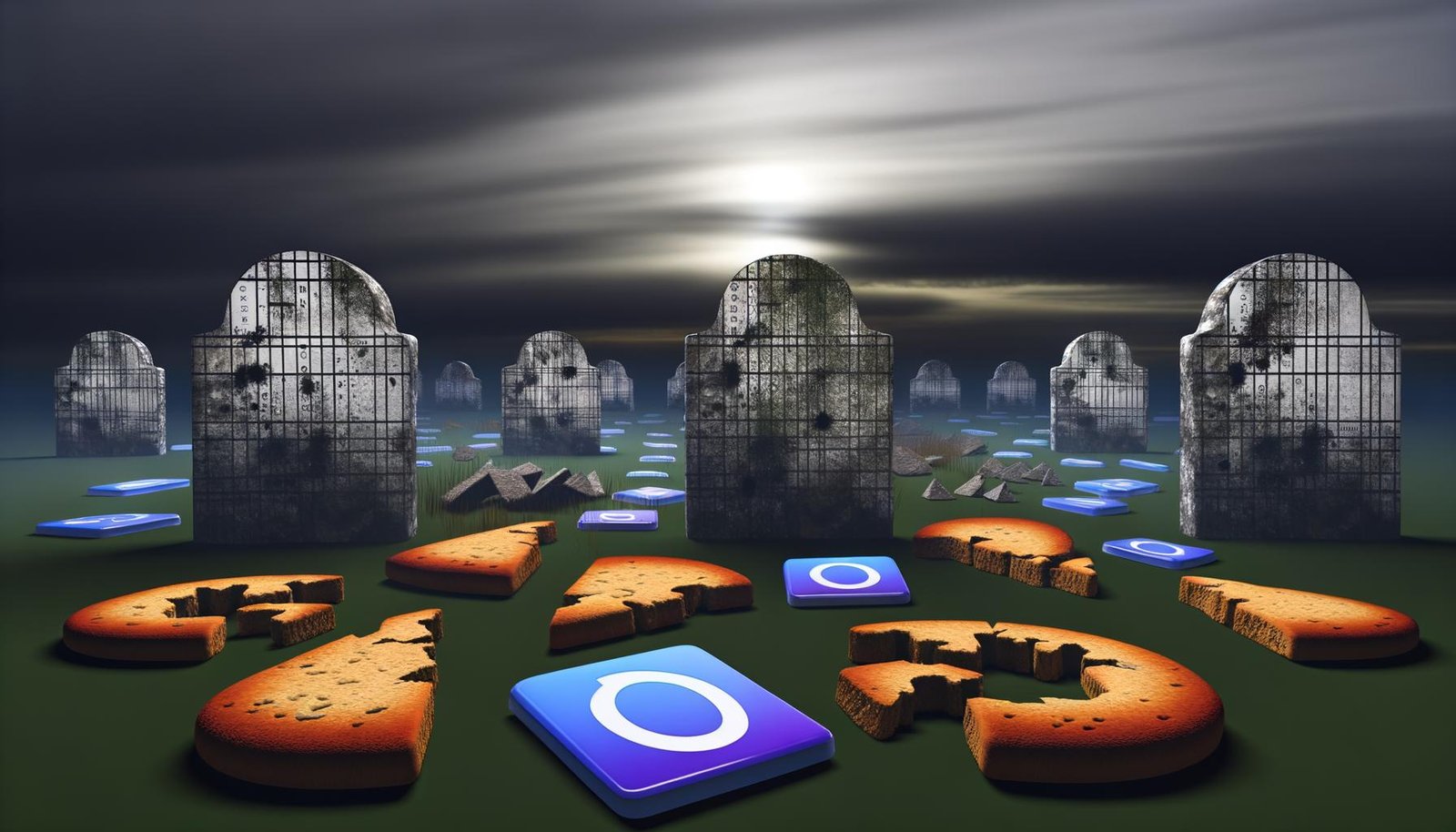 Digitale Friedhofsszene mit zerbrochenen Browser-Cookies als Grabsteine, modernen Datenschutz- und Analyse-Icons im Hintergrund und einem Stimmungsbild zwischen Abschied und Aufbruch.