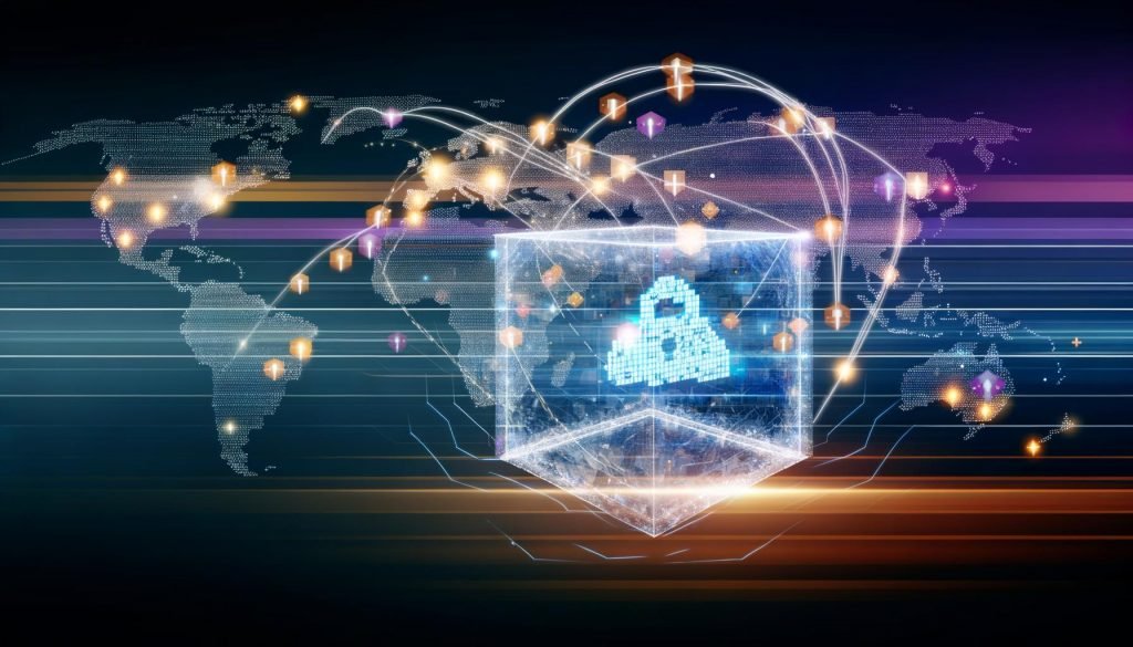 Futuristische Illustration einer Cloudflare Worker Struktur: Weltkarte mit mehr als 300 leuchtenden Knotenpunkten, verbunden durch digitale Linien, im Vordergrund ein durchströmter, transparenter Quader als Symbol für Edge-Datenverarbeitung.