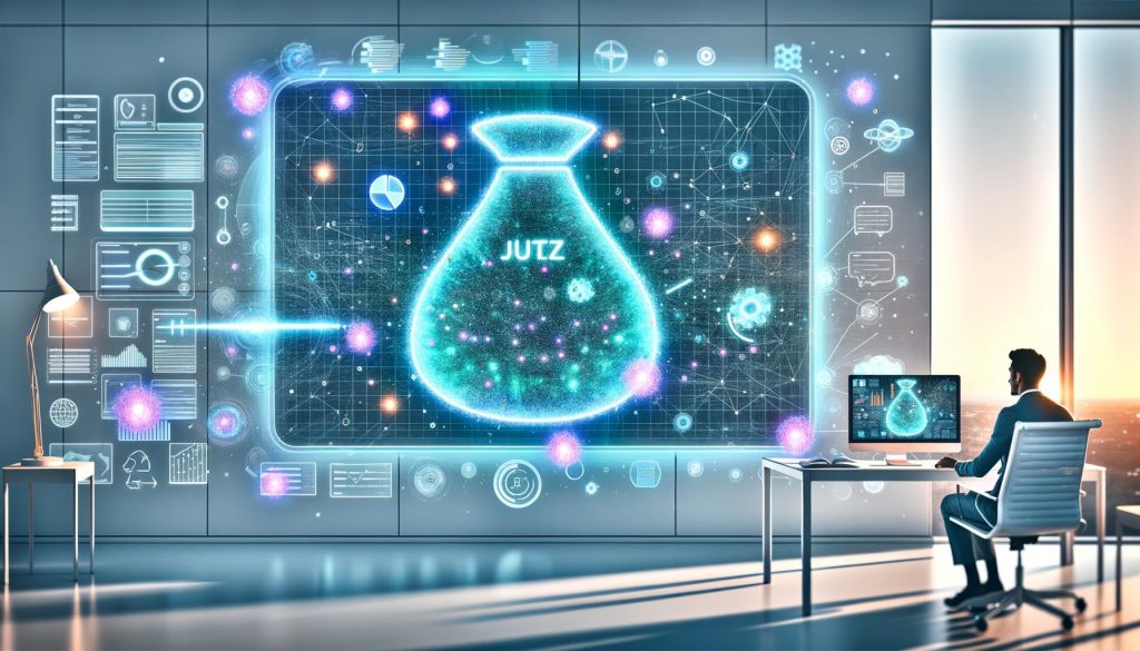 Futuristischer digitaler Arbeitsplatz mit Heatmap einer Landingpage, KI-Elementen, Datenvisualisierungen und einem Marketer im Fokus.