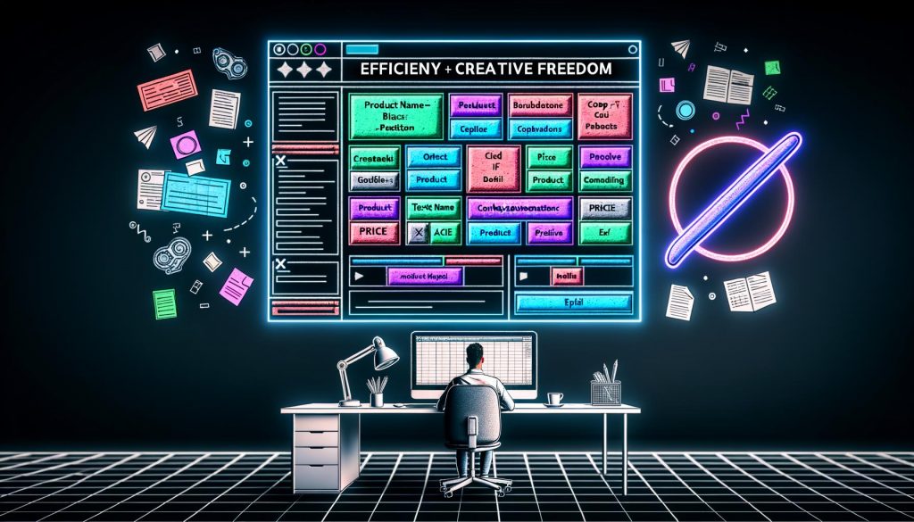 Redakteur sitzt im modernen Büro vor einem großen Monitor mit offenem Content Automation Editor inklusive Textbausteinen, Variablen, Logik und diversen Datenquellen. Im Hintergrund durchgestrichenes Copy-Paste- und Excel-Symbol.